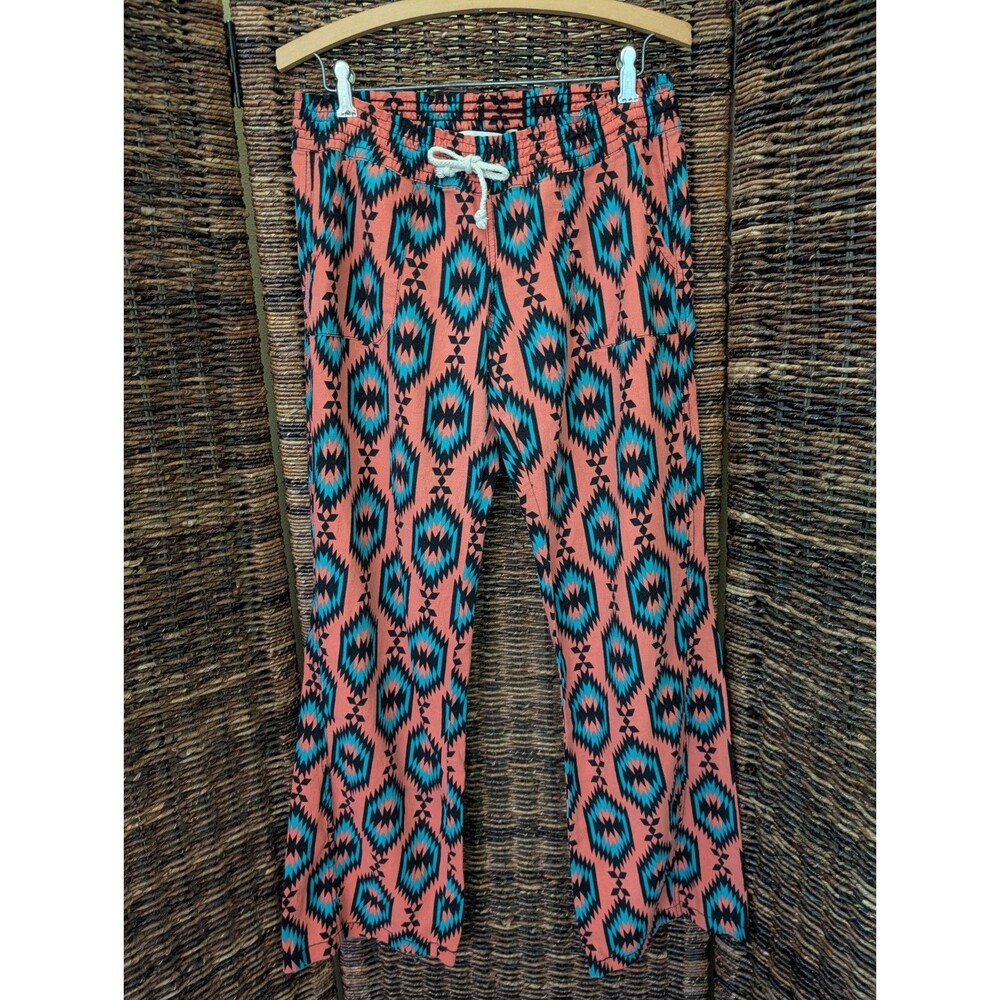 Aztec Print Linen Blend Wide Leg Pants Medium Tribal Boho Southwestern Western